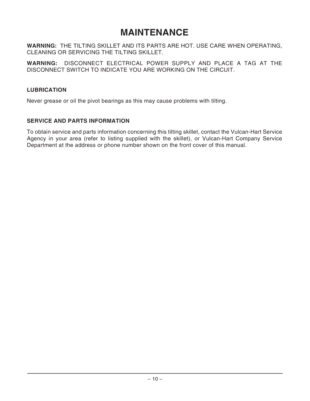 Vulcan-Hart VECTS16, ML-114825 operation manual Maintenance, Lubrication, Service and Parts Information 