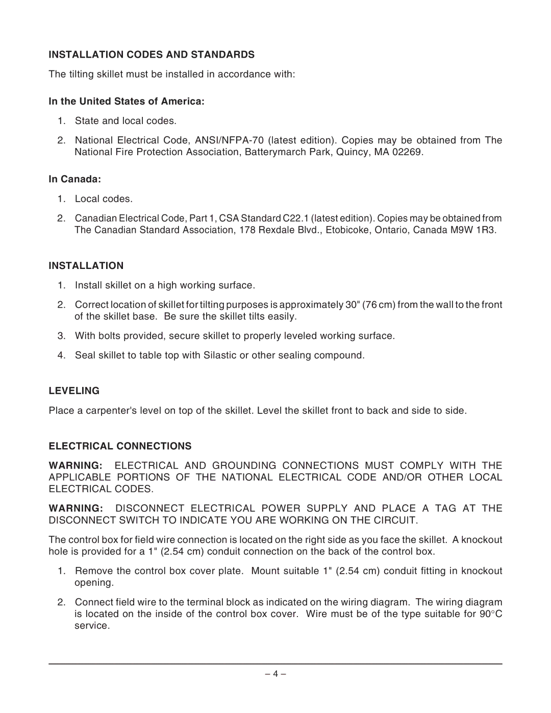 Vulcan-Hart VECTS16, ML-114825 operation manual Installation Codes and Standards, Leveling, Electrical Connections 