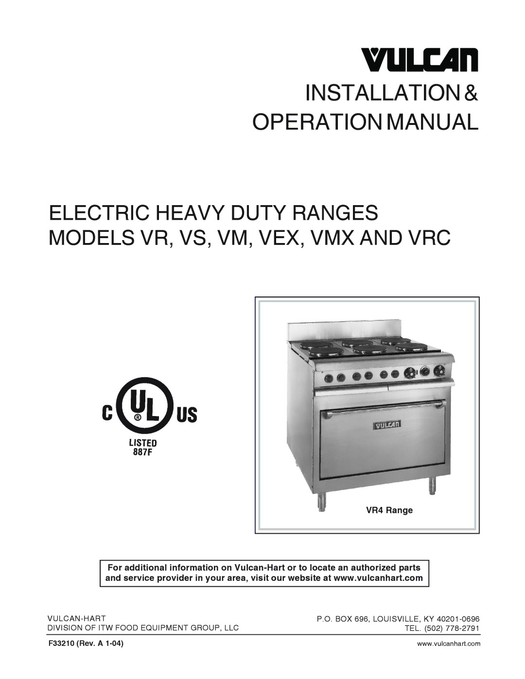 Vulcan-Hart VRC, VEX, VMX, VS operation manual Installation, VR4 Range 