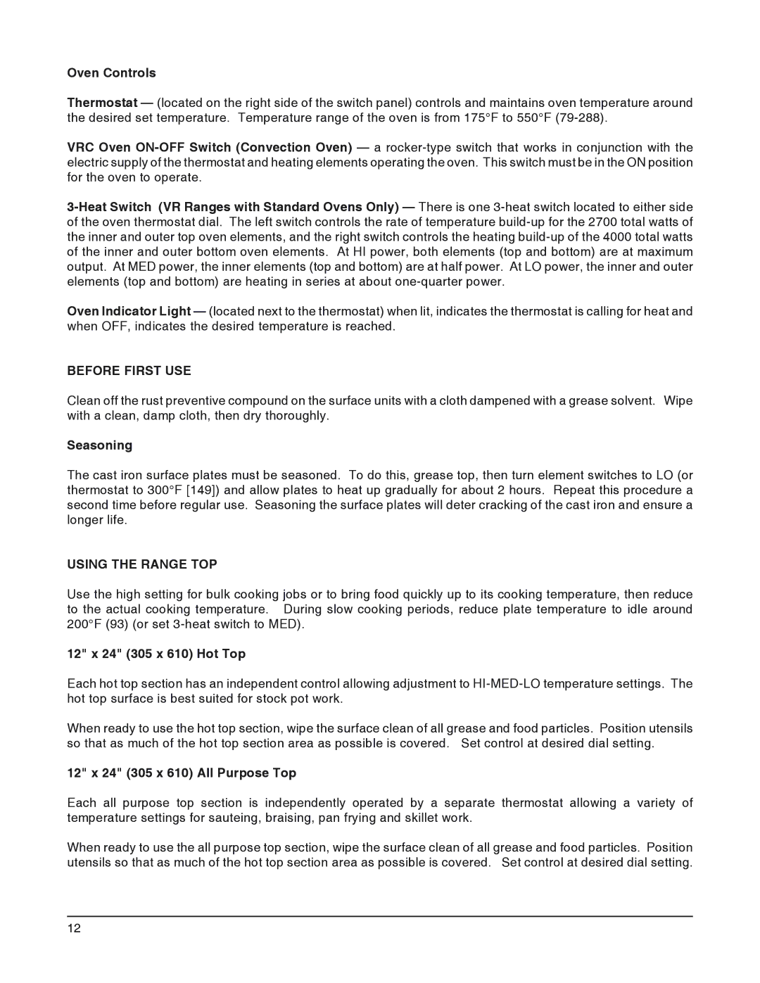 Vulcan-Hart VEX, VRC, VMX, VS operation manual Before First USE, Using the Range TOP 