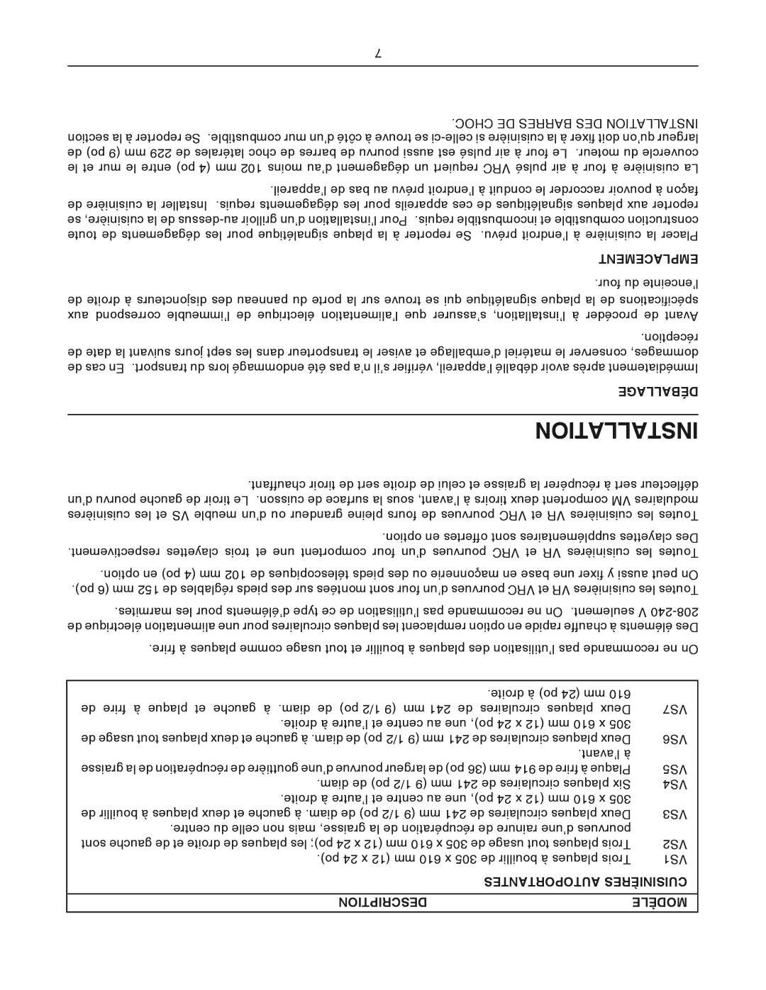 Vulcan-Hart VMX, VEX, VRC, VS operation manual Emplacement, Déballage, Autoportantes Cuisinières, Description Modèle 