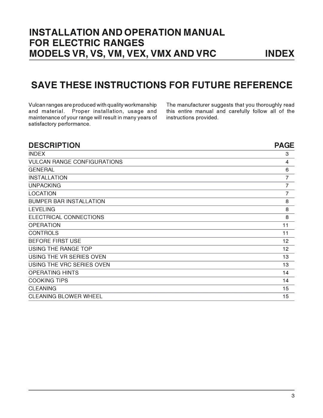 Vulcan-Hart VEX, VRC, VMX, VS operation manual Description 