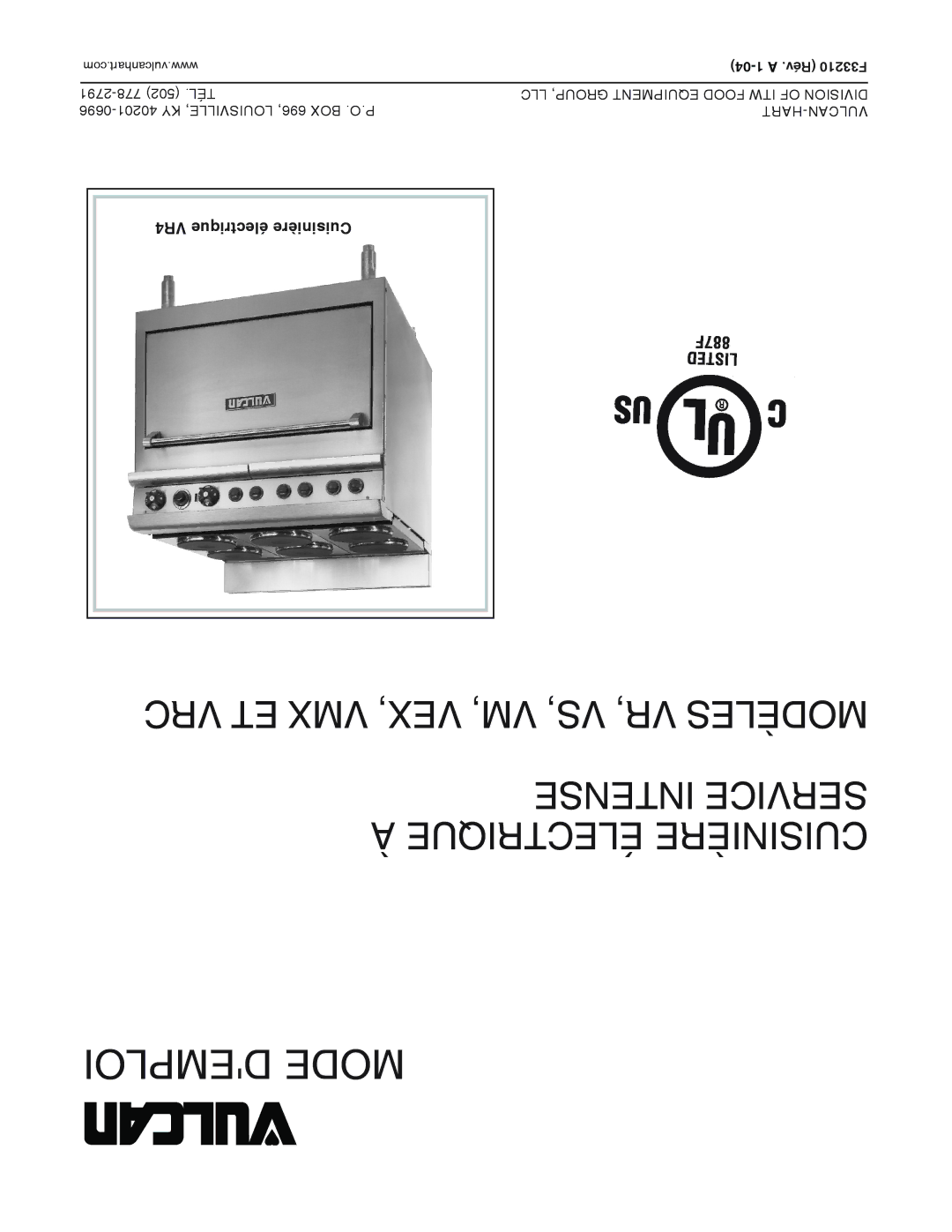 Vulcan-Hart VMX, VEX, VRC, VS operation manual VR4 électrique Cuisinière, 04-1 a .Rév F33210 