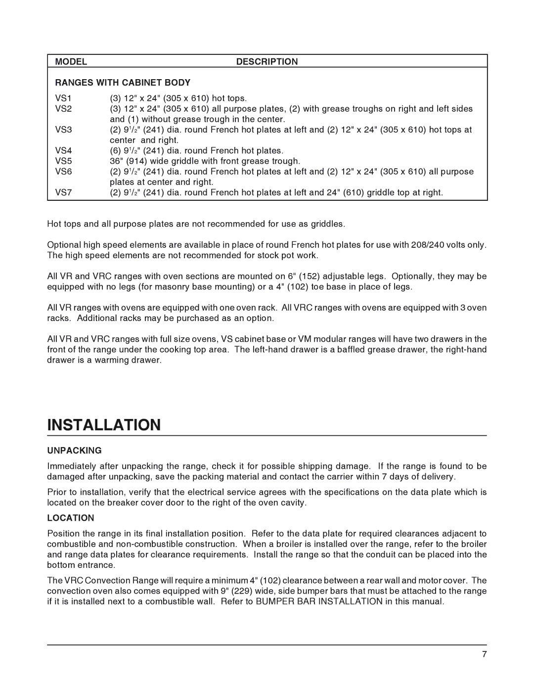 Vulcan-Hart VRC, VEX, VMX, VS operation manual Installation, Model Description Ranges with Cabinet Body, Unpacking, Location 