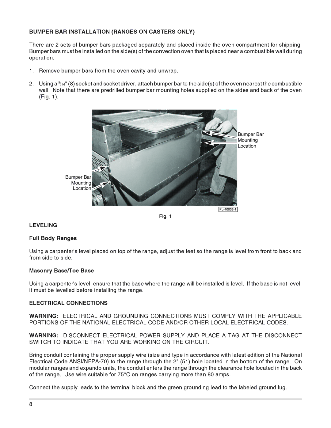 Vulcan-Hart VMX, VEX, VRC Bumper BAR Installation Ranges on Casters only, Leveling, Full Body Ranges, Masonry Base/Toe Base 