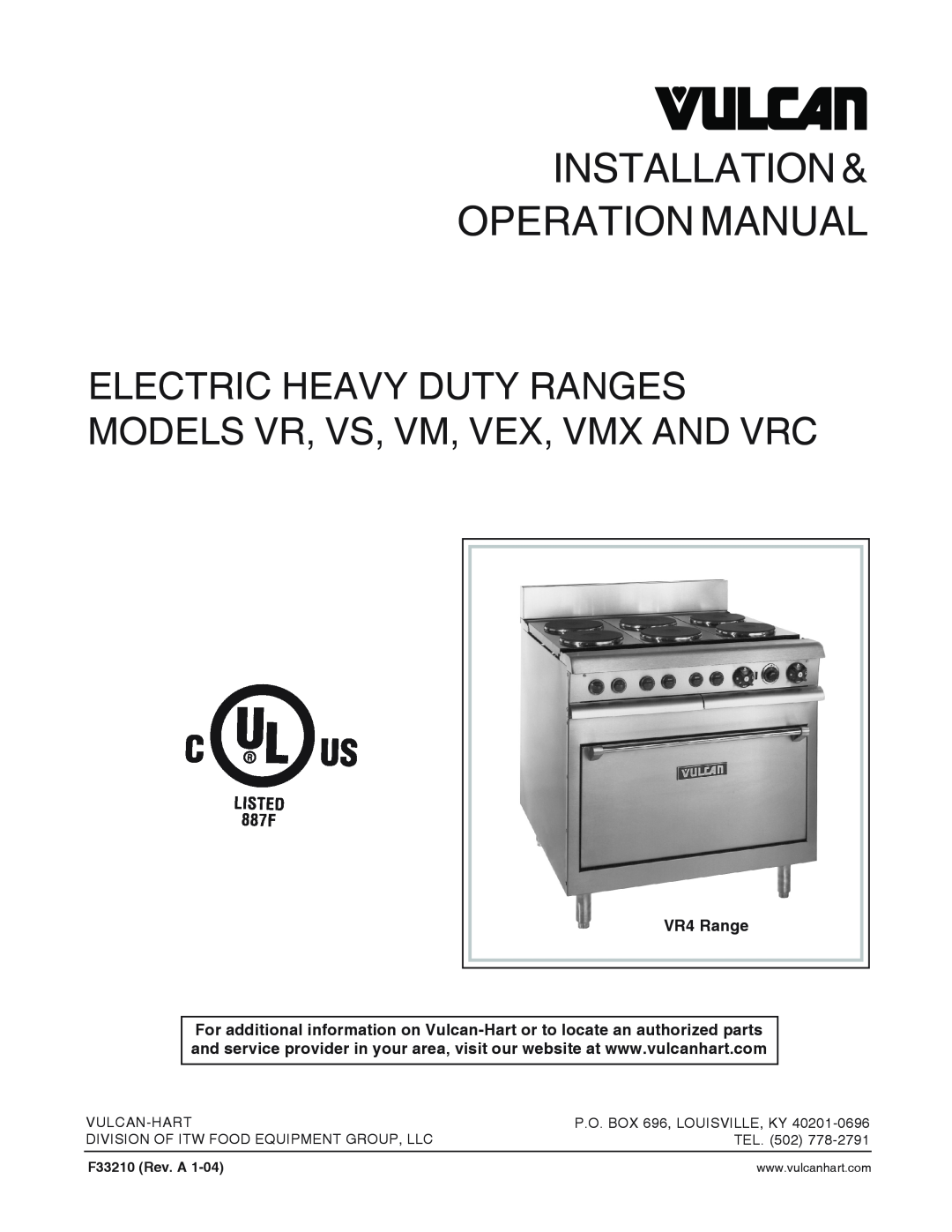 Vulcan-Hart VRC, VEX, VMX, VS operation manual VR4 Range, F33210 Rev. A 