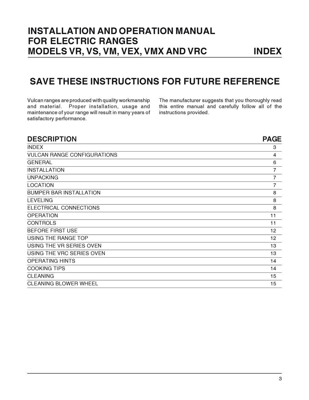 Vulcan-Hart VEX, VRC, VMX, VS For Electric Ranges, Models Vr, Vs, Vm, Vex, Vmx And Vrc, Index, Description, Page 