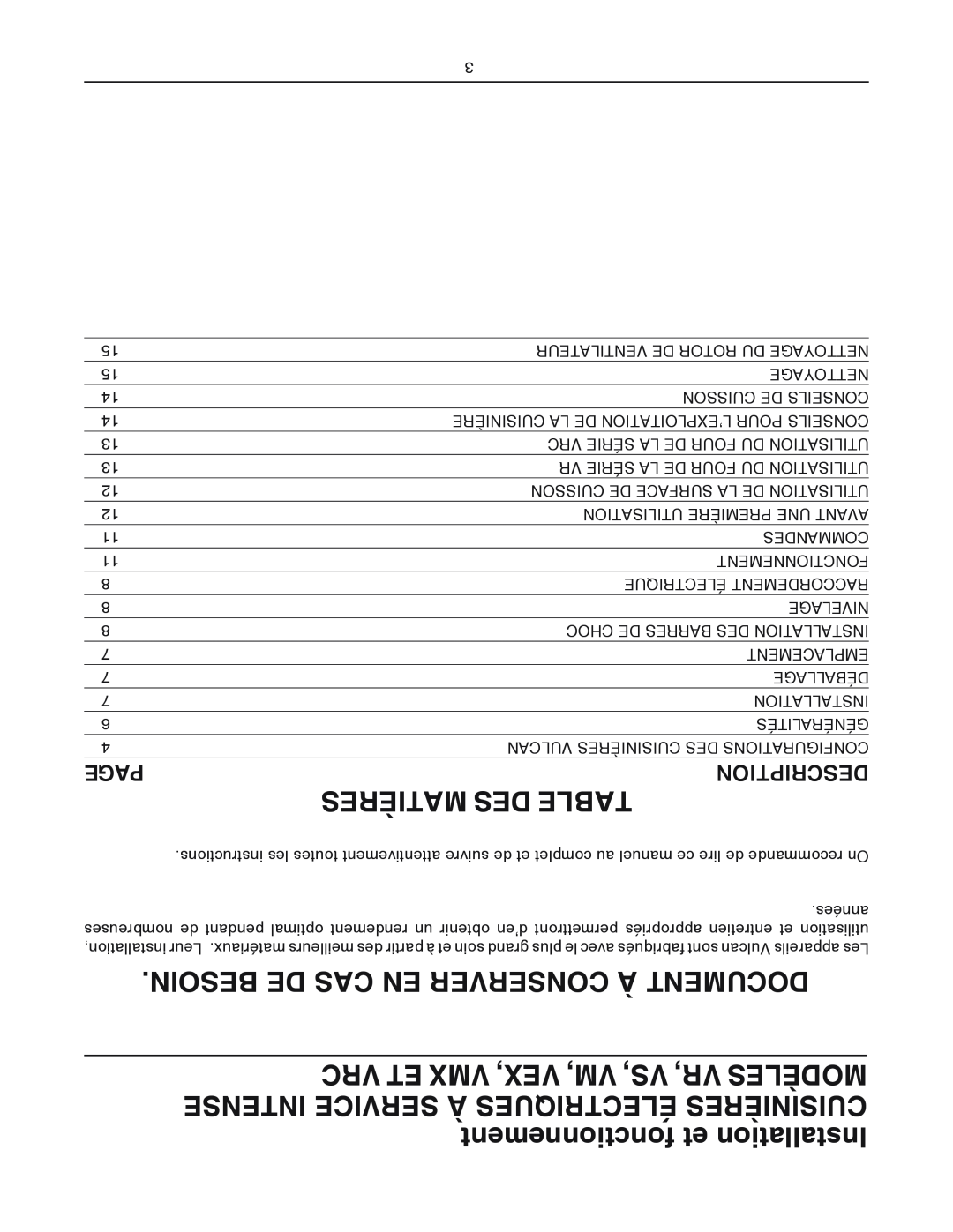 Vulcan-Hart VEX, VRC, VMX, VS operation manual Matières Des Table, Besoin De Cas En Conserver À Document, Page, Description 