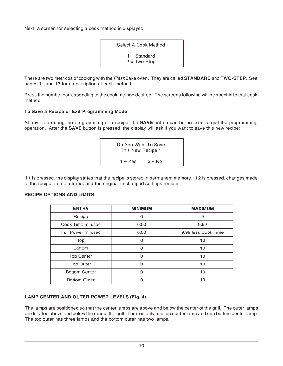 Vulcan-Hart ML-114905, VFB12, ML-114908 operation manual To Save a Recipe or Exit Programming Mode, Recipe Options and Limits 