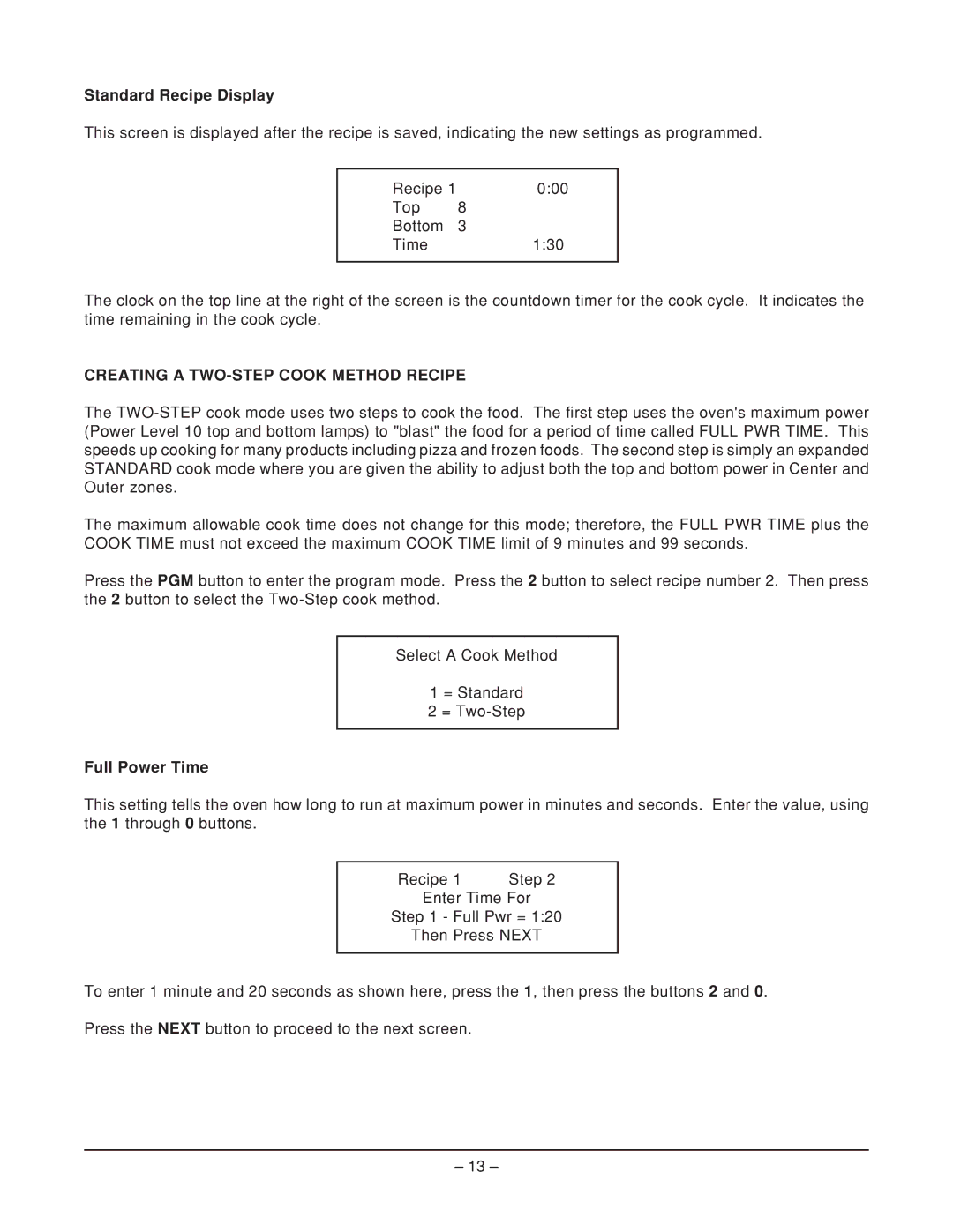 Vulcan-Hart ML-114905, VFB12, ML-114908 Standard Recipe Display, Creating a TWO-STEP Cook Method Recipe, Full Power Time 