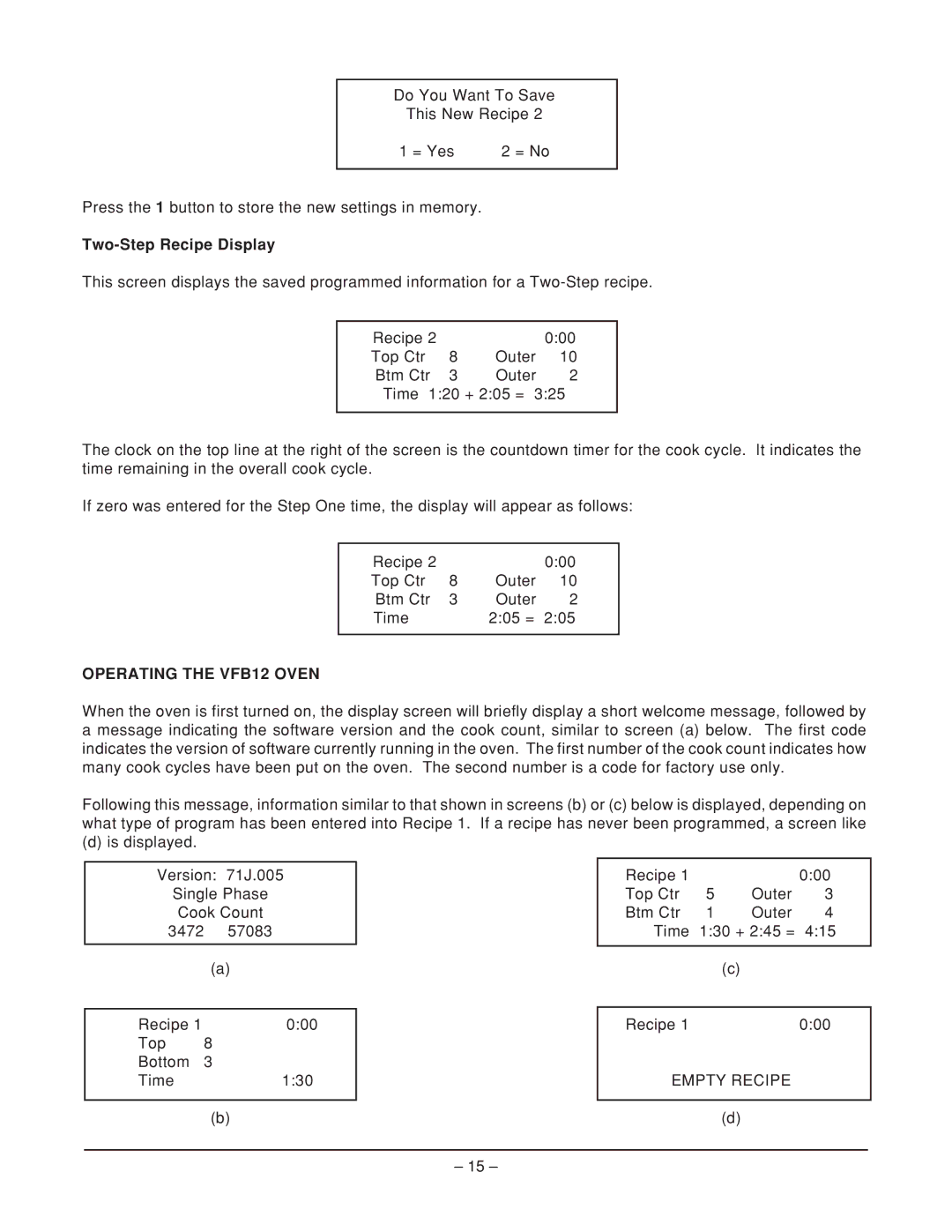 Vulcan-Hart ML-114905, ML-114908 operation manual Two-Step Recipe Display, Operating the VFB12 Oven 