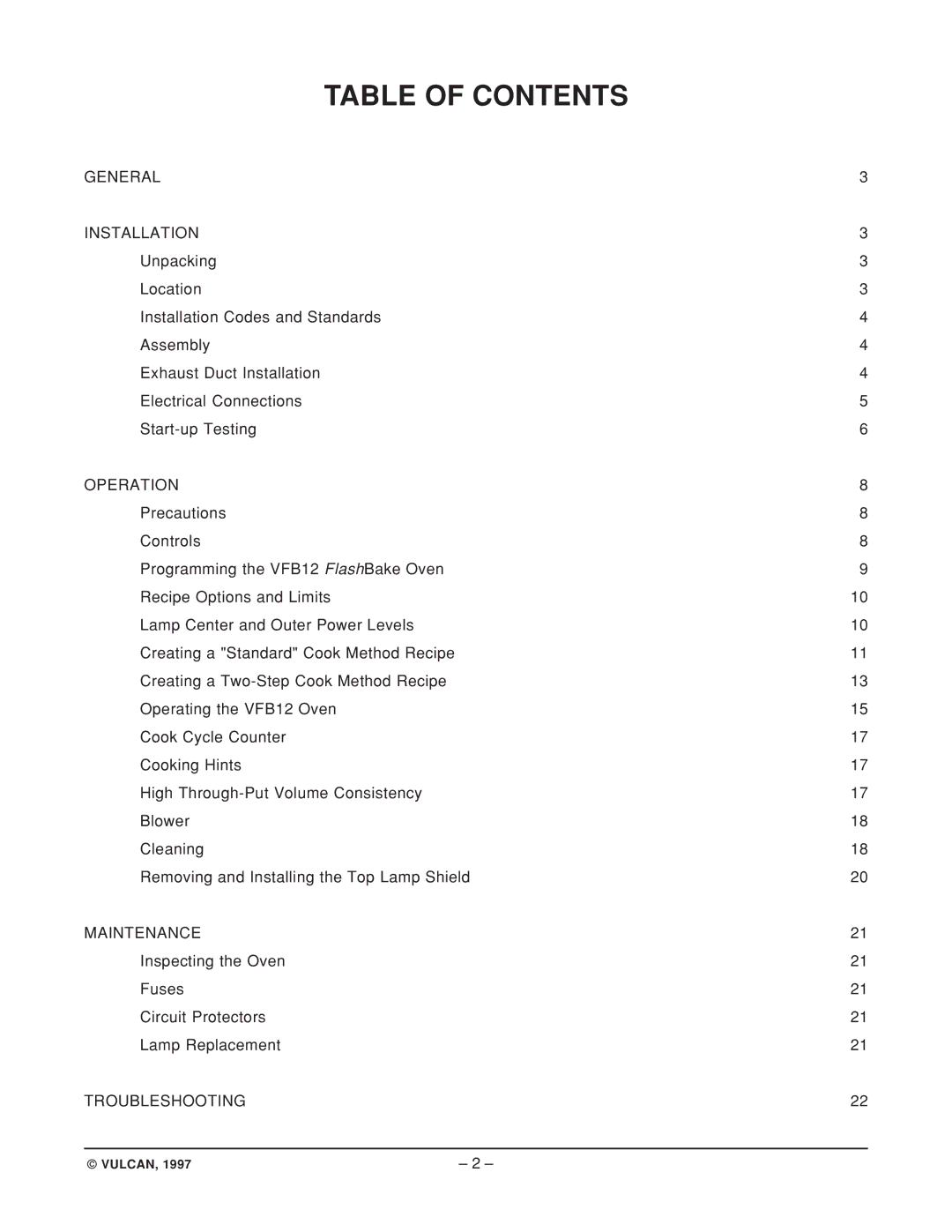 Vulcan-Hart ML-114908, VFB12, ML-114905 operation manual Table of Contents 