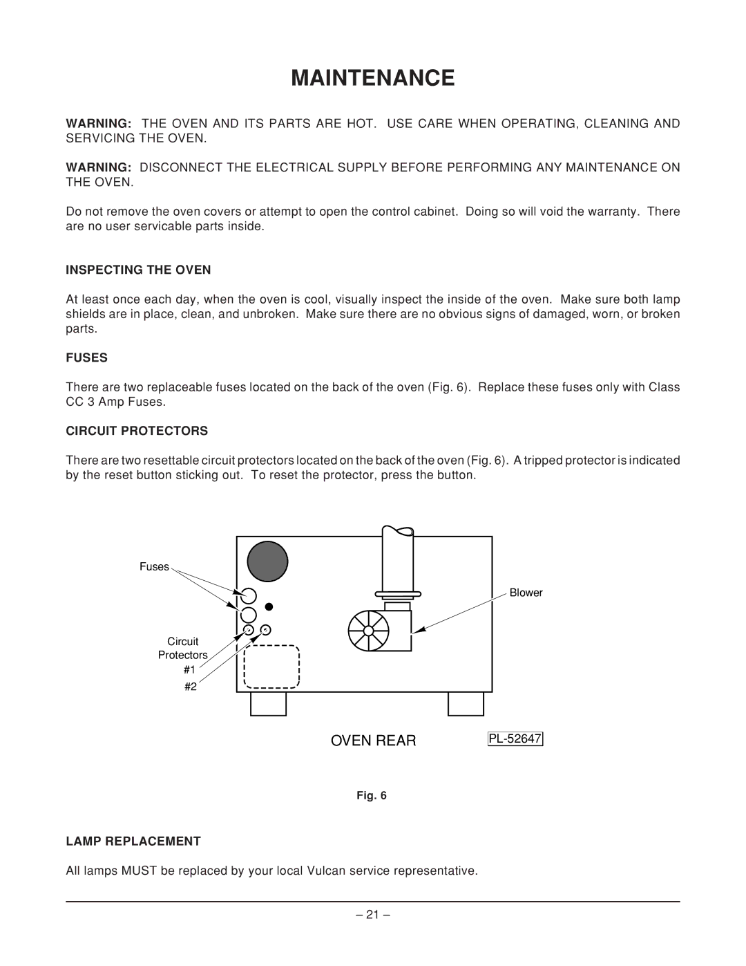 Vulcan-Hart VFB12, ML-114905, ML-114908 Maintenance, Inspecting the Oven, Fuses, Circuit Protectors, Lamp Replacement 