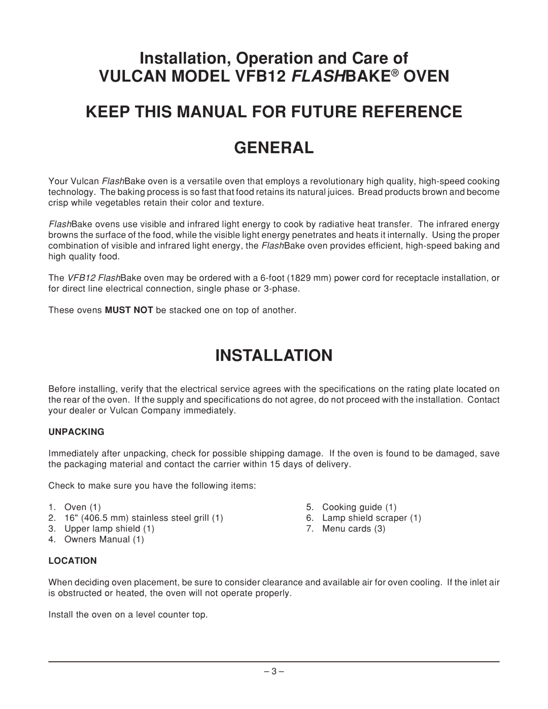 Vulcan-Hart VFB12, ML-114905, ML-114908 operation manual Installation, Unpacking, Location 