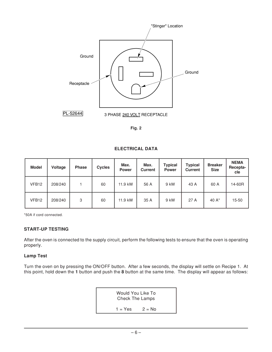 Vulcan-Hart VFB12, ML-114905, ML-114908 operation manual Electrical Data, START-UP Testing, Lamp Test 