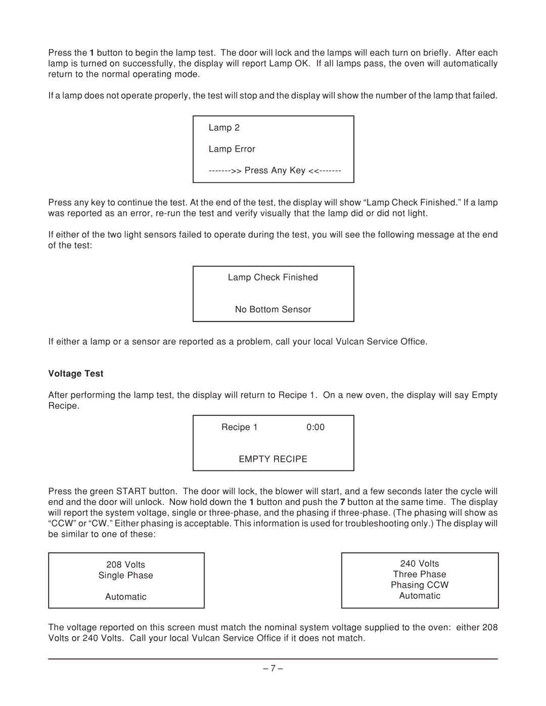 Vulcan-Hart ML-114905, VFB12, ML-114908 operation manual Voltage Test, Empty Recipe 