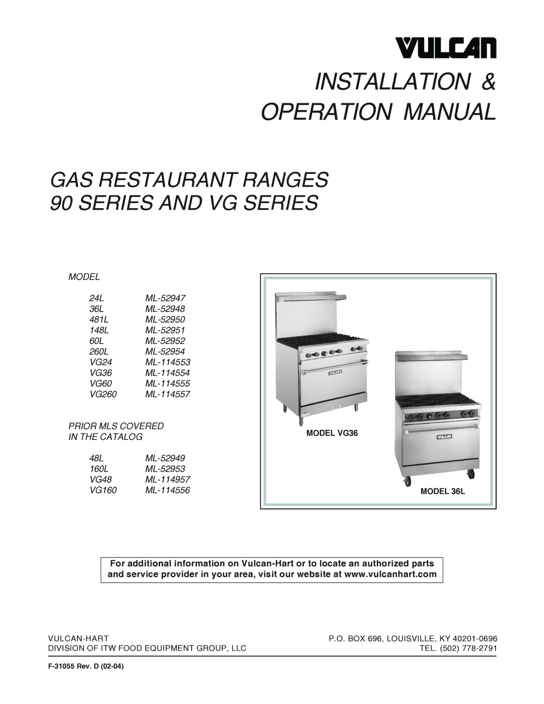 Vulcan-Hart VG160, VG48, VG36, VG24, VG60, VG260, 24L, 481L, 48L, 36L, 160L, 260L operation manual Installation 