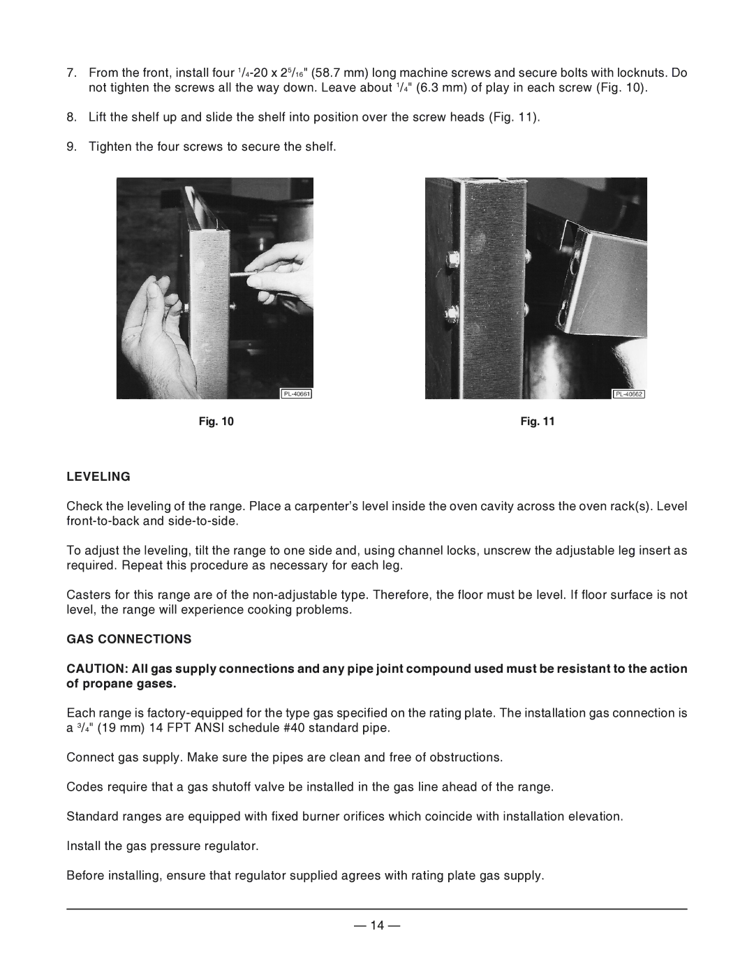 Vulcan-Hart VG160, VG48, VG36, VG24, VG60, VG260, 24L, 481L, 48L, 36L, 160L, 260L operation manual Leveling, GAS Connections 