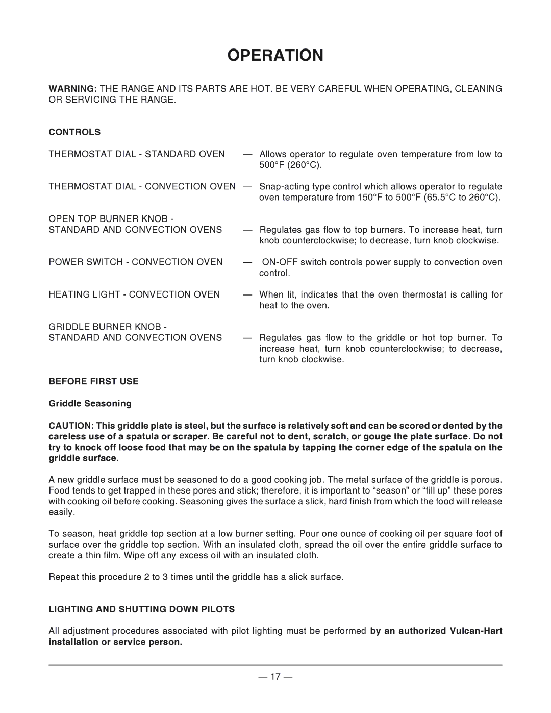 Vulcan-Hart VG60, VG48, VG160 Operation, Controls, Before First USE, Griddle Seasoning, Lighting and Shutting Down Pilots 