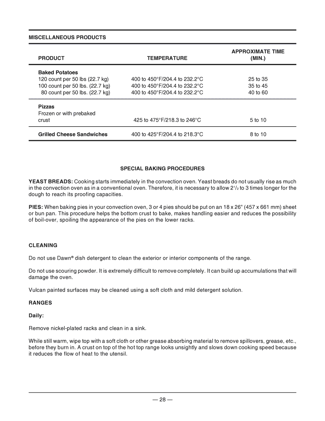 Vulcan-Hart VG36, VG48 Miscellaneous Products Approximate Time Temperature, Special Baking Procedures, Cleaning, Ranges 