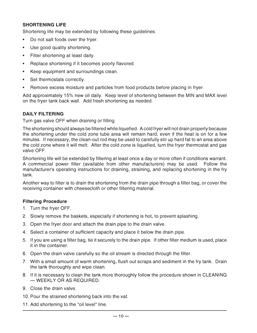 Vulcan-Hart VGF-18 operation manual Shortening Life, Daily Filtering, Filtering Procedure 