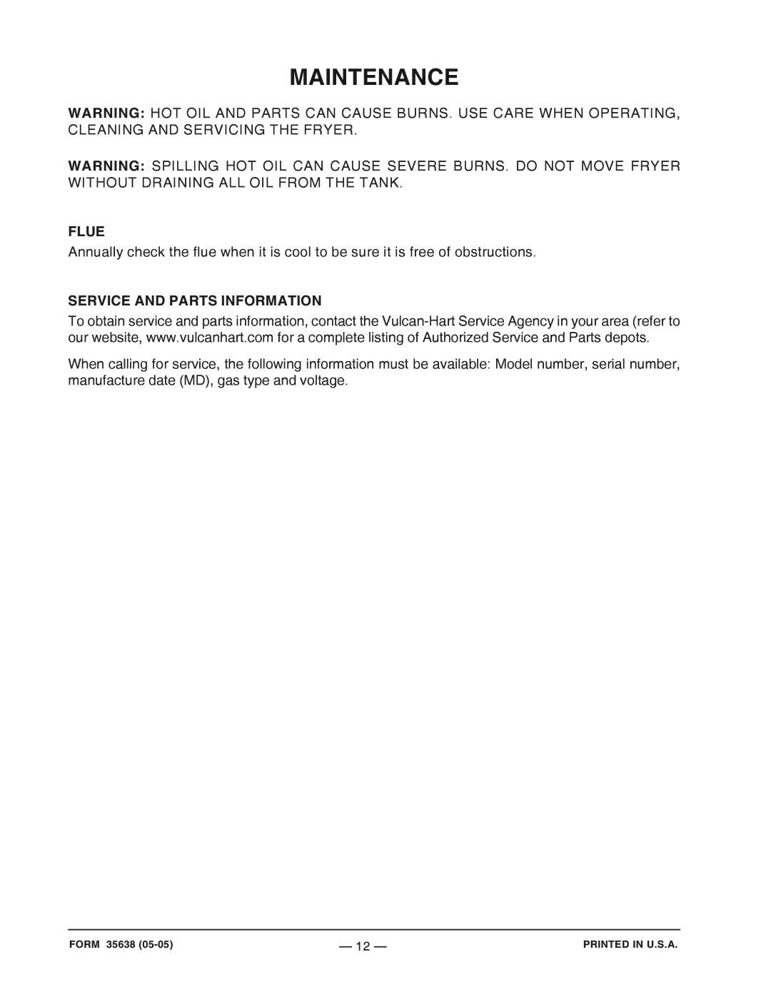 Vulcan-Hart VGF-18 operation manual Maintenance, Flue, Service and Parts Information 