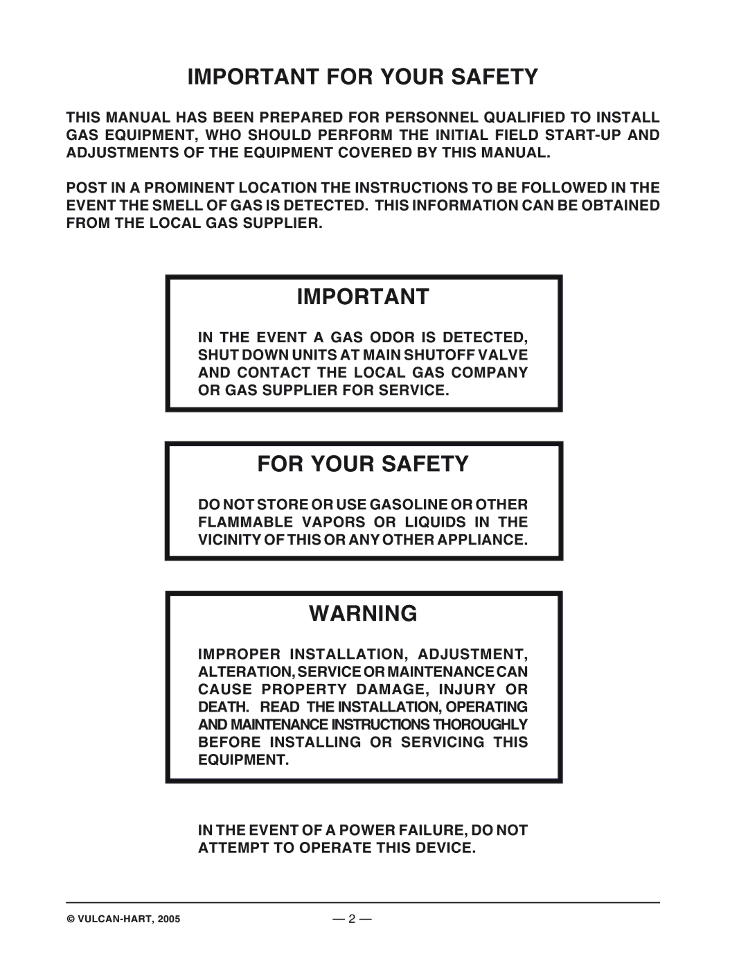 Vulcan-Hart VGF-18 operation manual Important for Your Safety, For Your Safety 