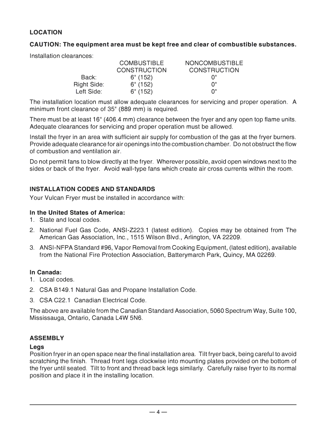 Vulcan-Hart VGF-18 operation manual Location, Installation Codes and Standards, Assembly 