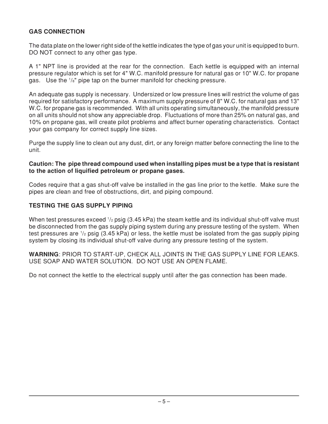 Vulcan-Hart VGL20E, VGL60E, VGL40E operation manual GAS Connection, Testing the GAS Supply Piping 