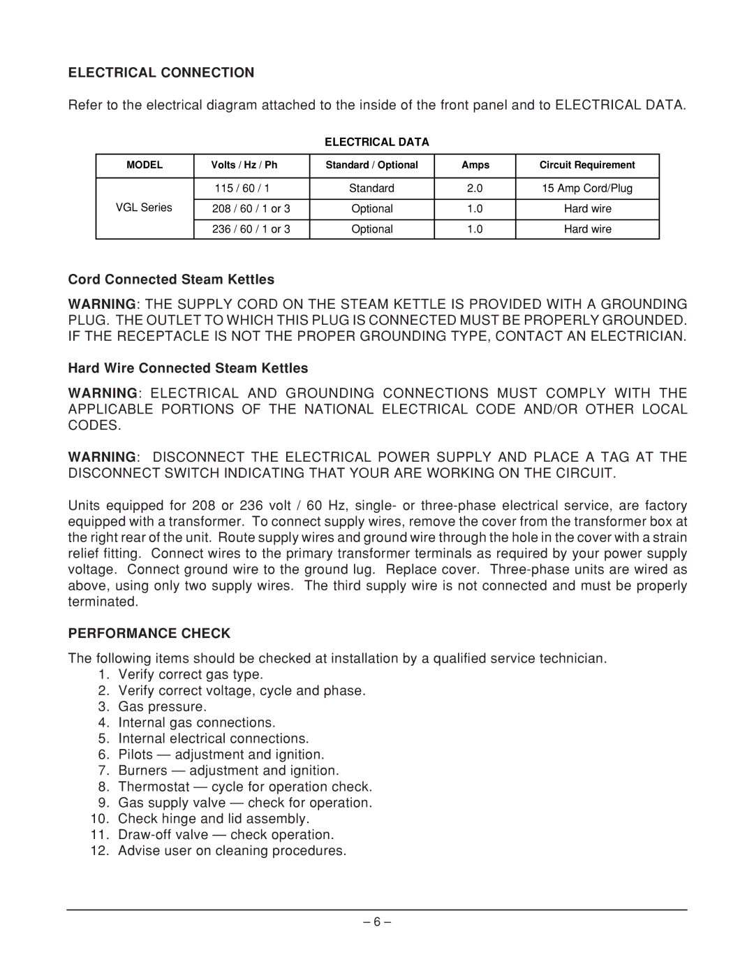 Vulcan-Hart VGL60E, VGL40E, VGL20E operation manual Electrical Connection, Performance Check 