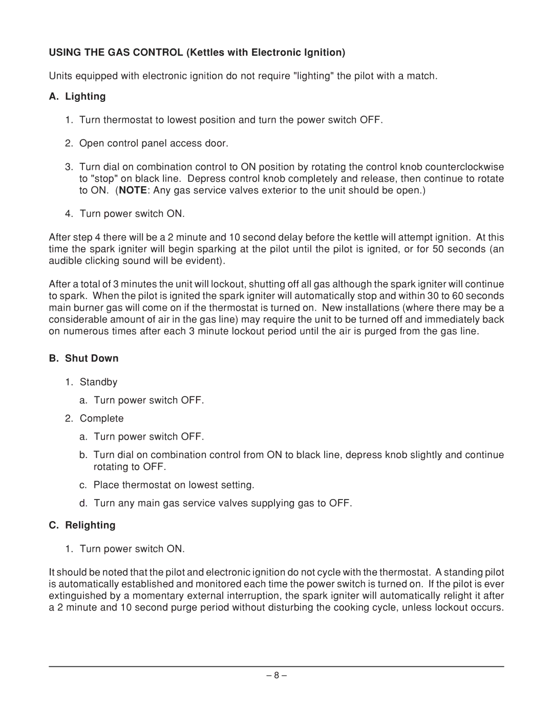 Vulcan-Hart VGL60E, VGL40E, VGL20E operation manual Using the GAS Control Kettles with Electronic Ignition 