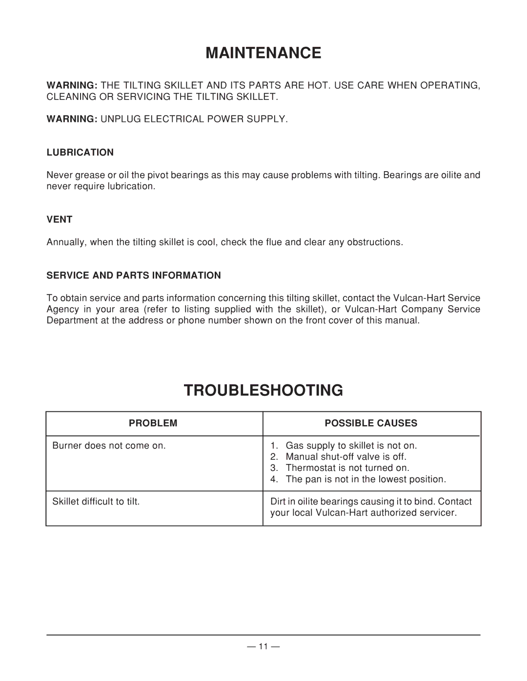 Vulcan-Hart ML-114950, VGTRS35 operation manual Maintenance, Troubleshooting 