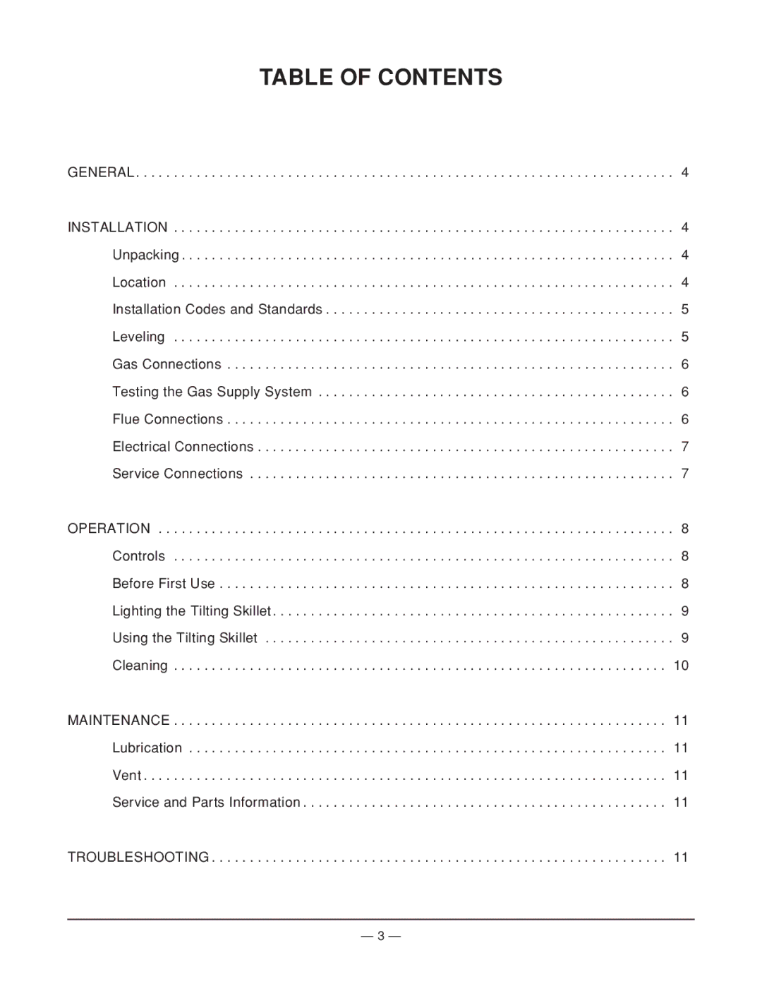 Vulcan-Hart ML-114950, VGTRS35 operation manual Table of Contents 