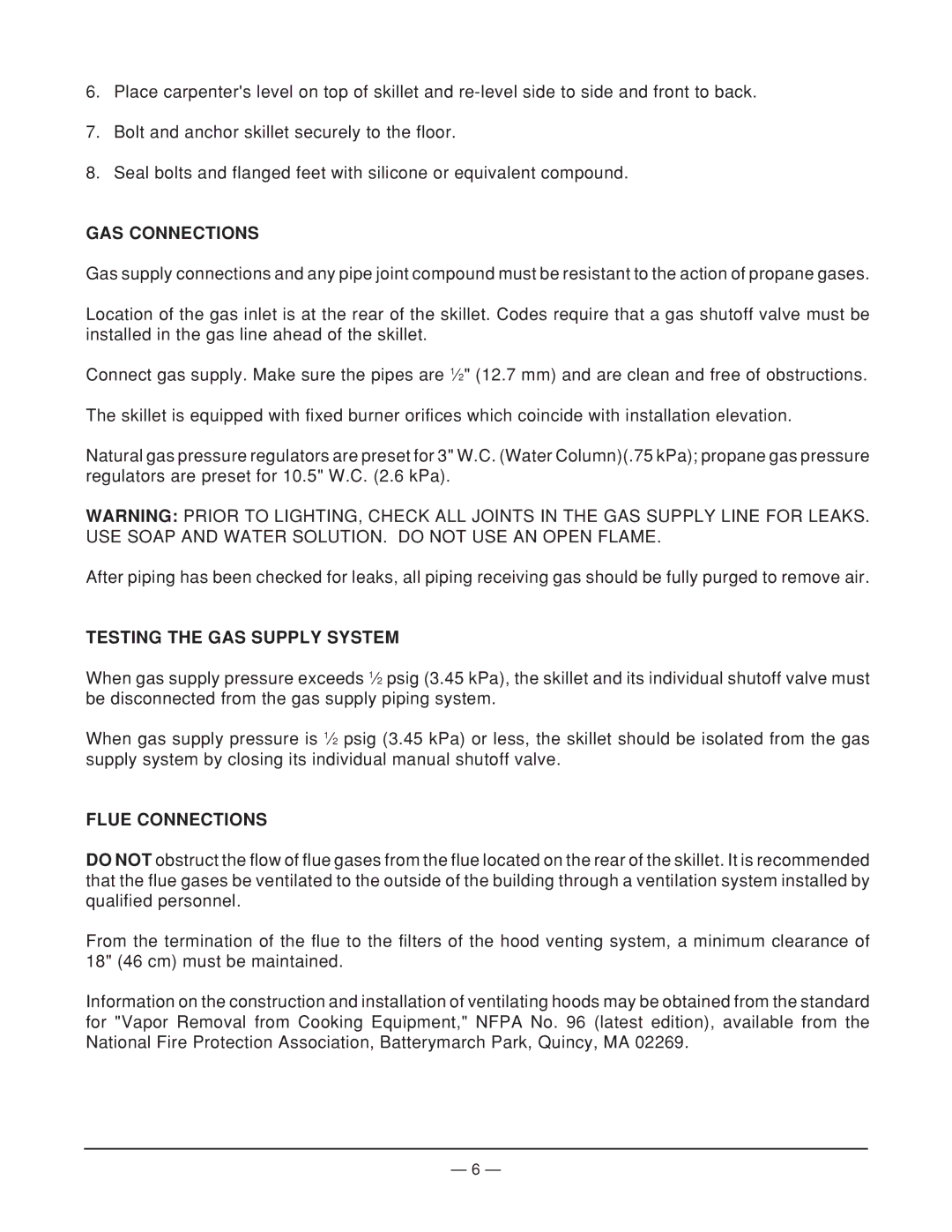 Vulcan-Hart VGTRS35, ML-114950 operation manual GAS Connections, Testing the GAS Supply System, Flue Connections 