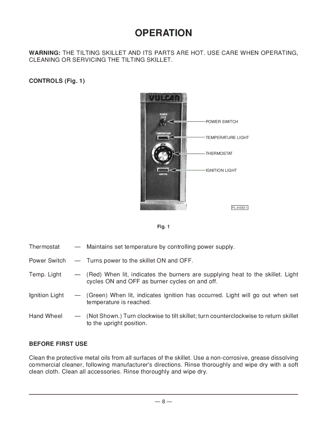 Vulcan-Hart VGTRS35, ML-114950 operation manual Operation, Controls Fig, Before First USE 