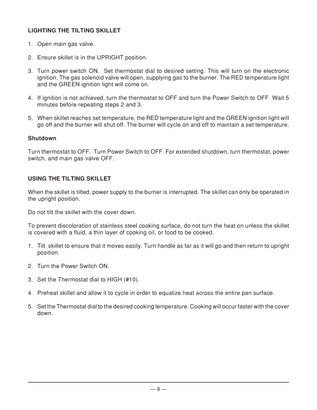 Vulcan-Hart ML-114950, VGTRS35 operation manual Lighting the Tilting Skillet, Shutdown, Using the Tilting Skillet 