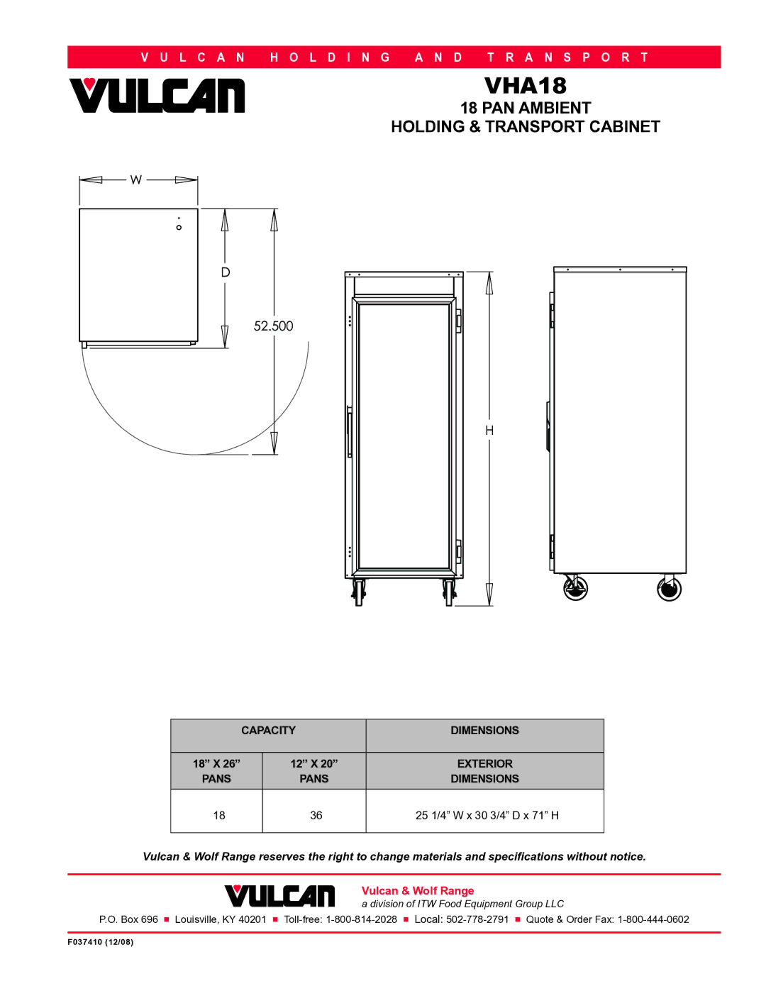 Vulcan-Hart VHA18 specifications Capacity Dimensions 