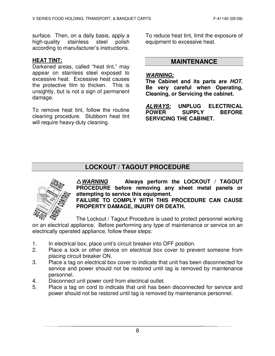 Vulcan-Hart VBP13I ML-126359, VHFA18 ML-138071, VHA18 ML-138073 Maintenance, Lockout / Tagout Procedure, Heat Tint 