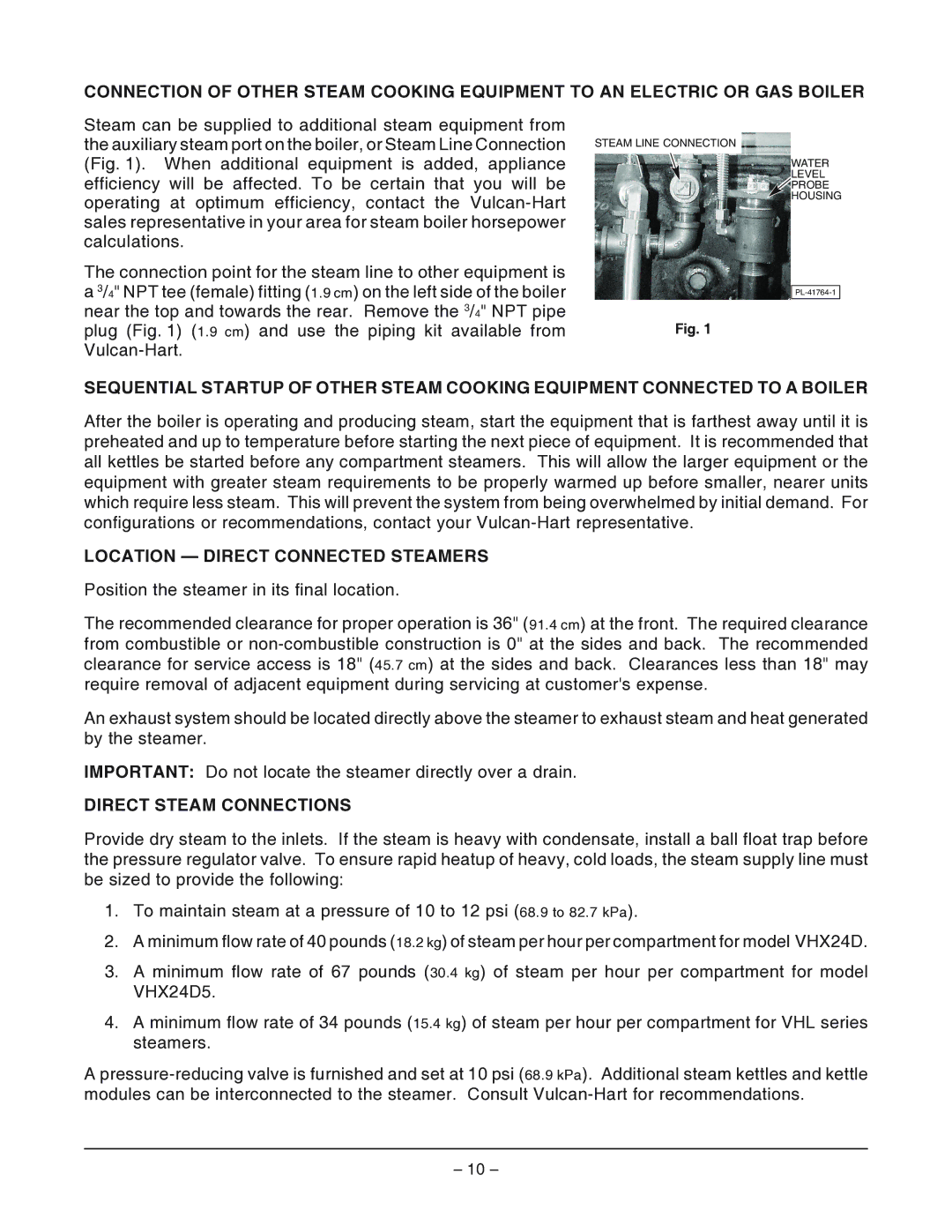 Vulcan-Hart VHL2G operation manual Location Direct Connected Steamers, Direct Steam Connections 