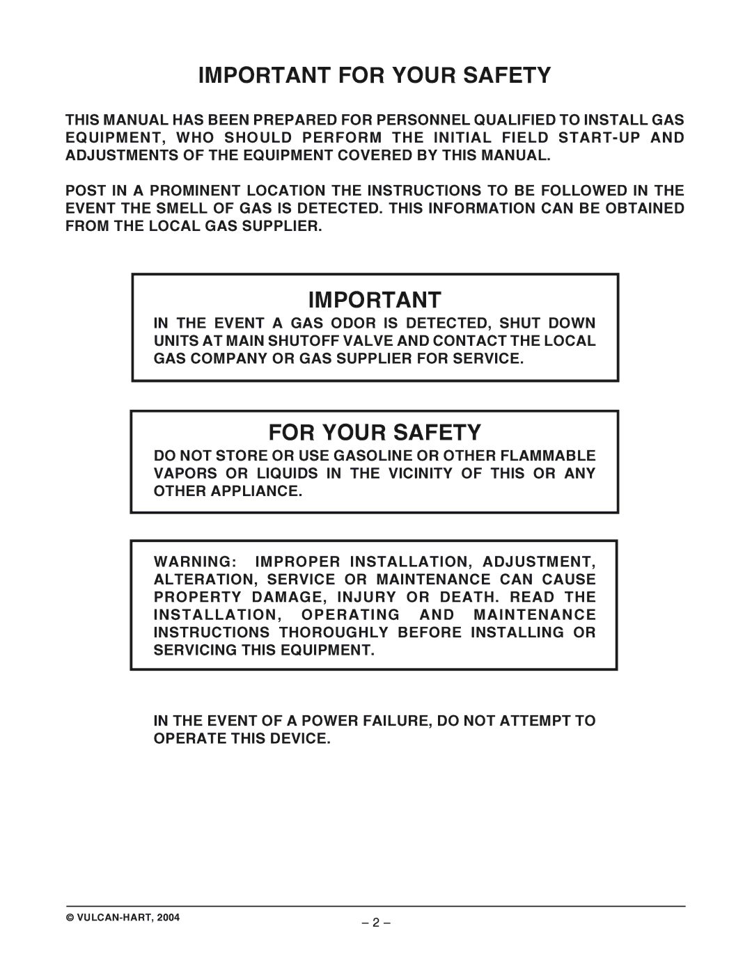 Vulcan-Hart VHL2G operation manual Important for Your Safety, For Your Safety 