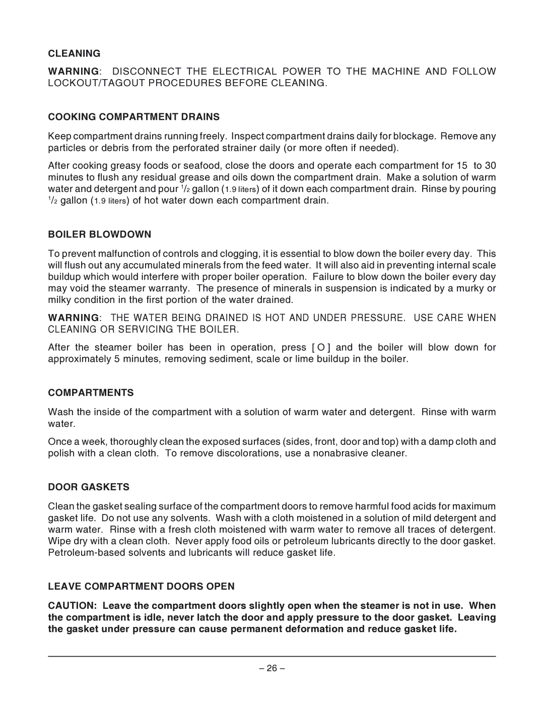 Vulcan-Hart VHL2G operation manual Cleaning Cooking Compartment Drains, Boiler Blowdown, Compartments, Door Gaskets 