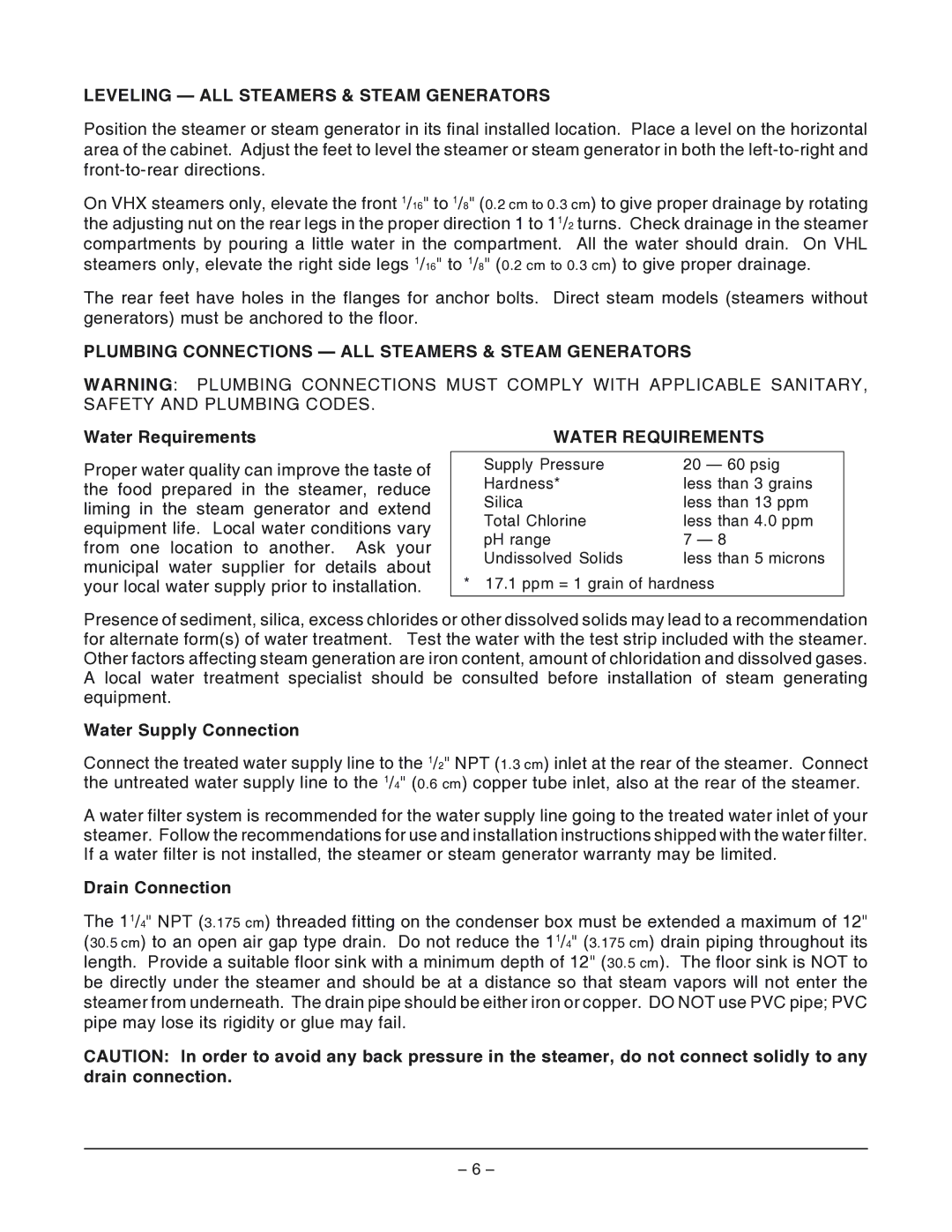 Vulcan-Hart VHL2G Leveling ALL Steamers & Steam Generators, Plumbing Connections ALL Steamers & Steam Generators 