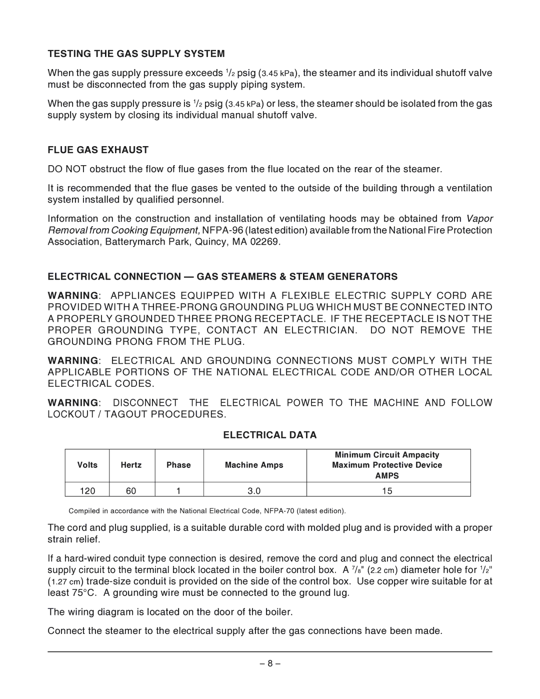 Vulcan-Hart VHL2G operation manual Testing the GAS Supply System, Flue GAS Exhaust 