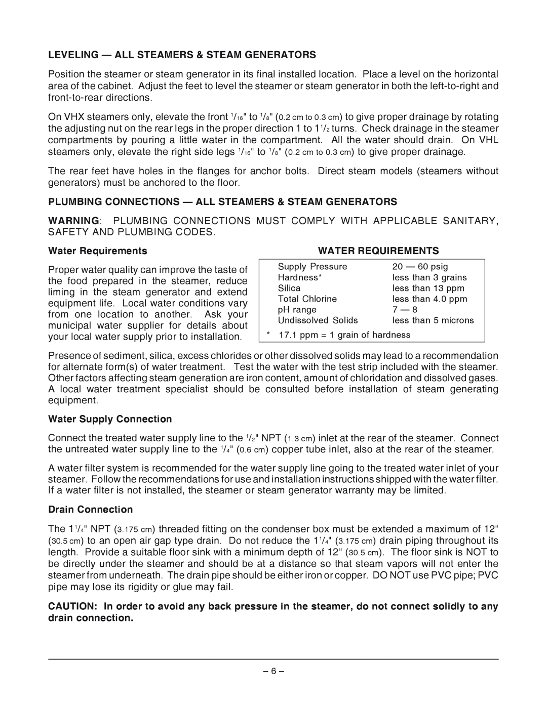 Vulcan-Hart VHL2G operation manual Leveling - All Steamers & Steam Generators, Water Requirements, Water Supply Connection 