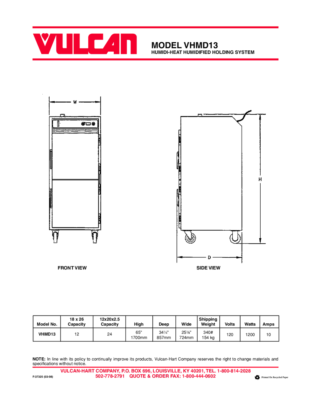 Vulcan-Hart VHMD13 specifications HUMIDI-HEAT Humidified Holding System Front View Side View 