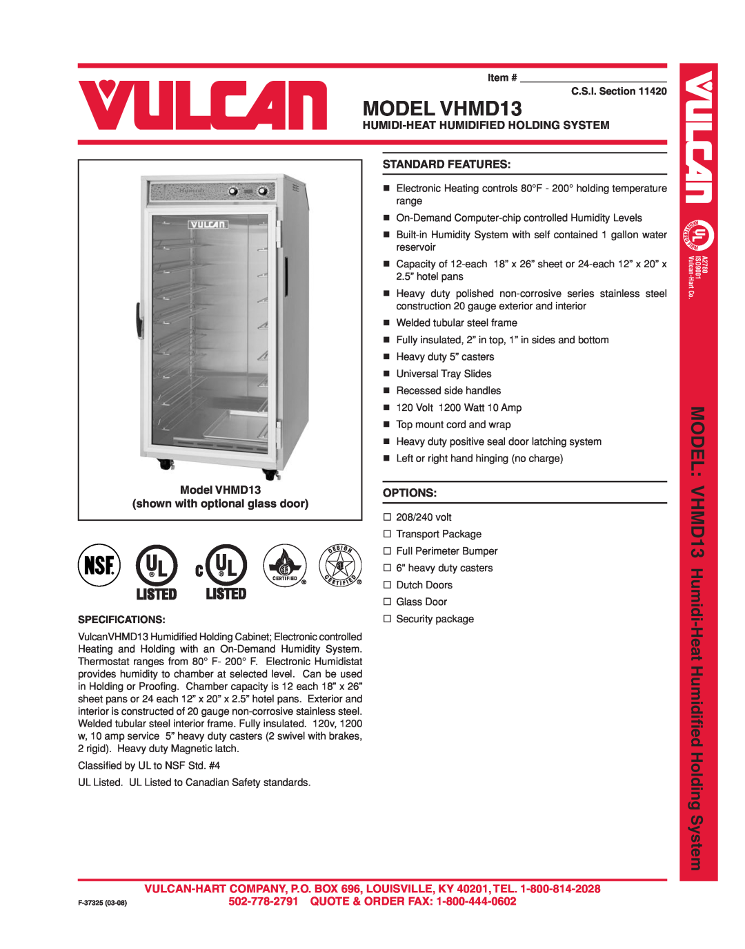 Vulcan-Hart specifications MODEL VHMD13, Humidi-Heathumidified Holding System, Standard Features, Options, Model Vh 