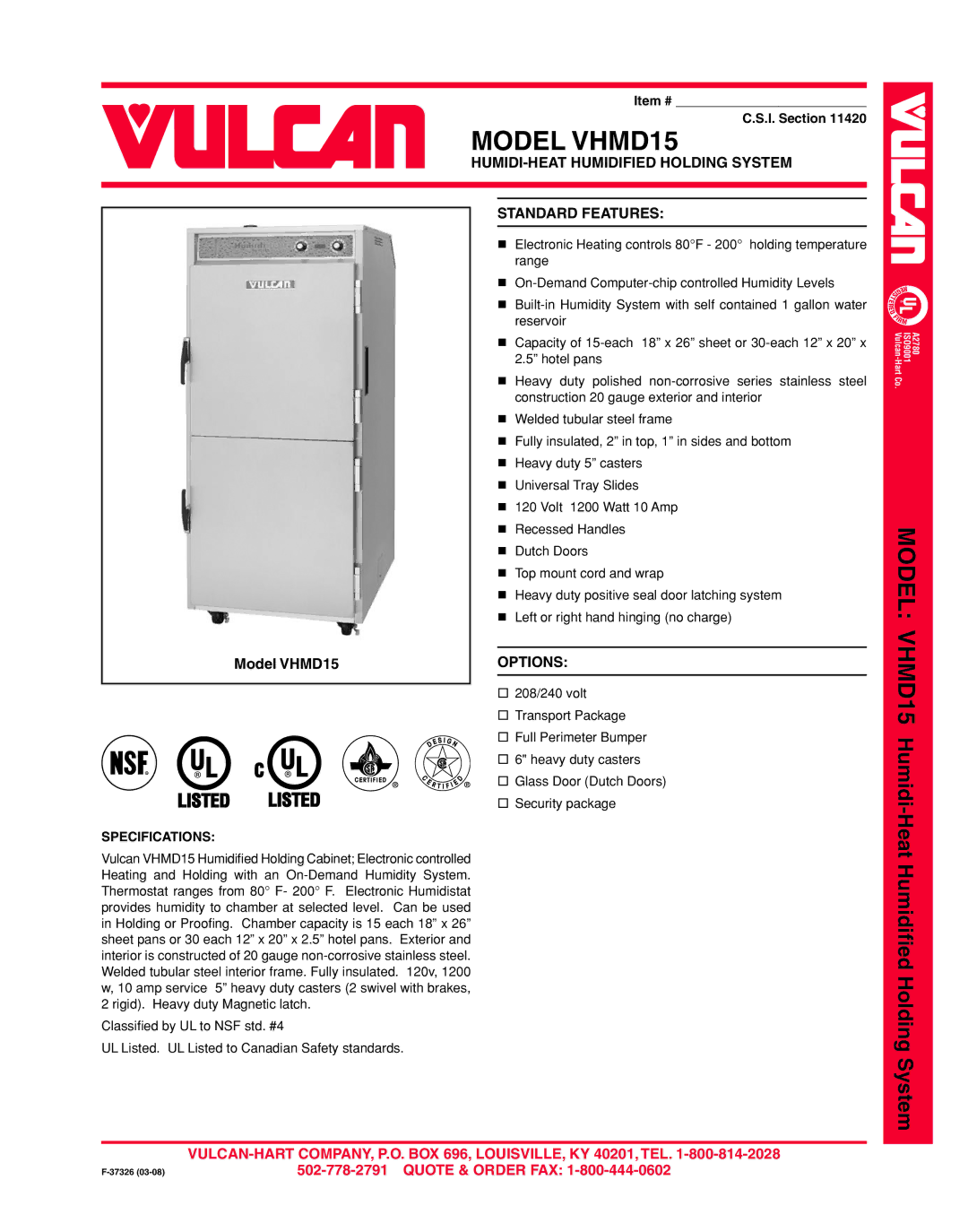 Vulcan-Hart specifications Model VHMD15, Humidi 