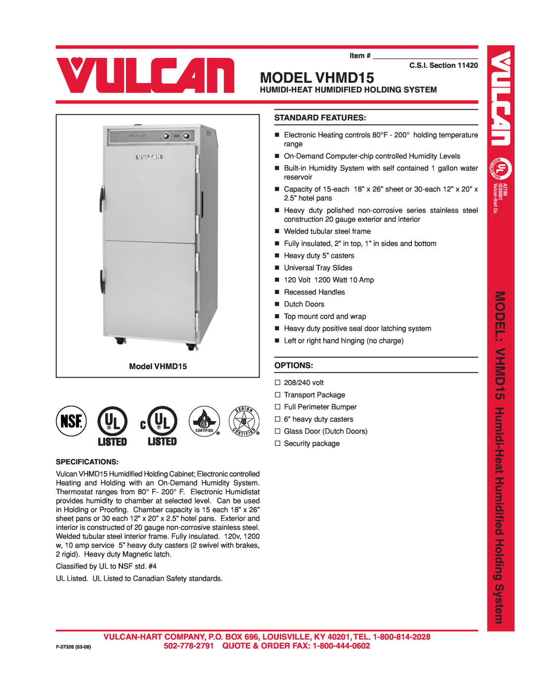 Vulcan-Hart specifications MODEL VHMD15, Humidi-Heathumidified Holding System, Model VHMD15, Standard Features, Options 
