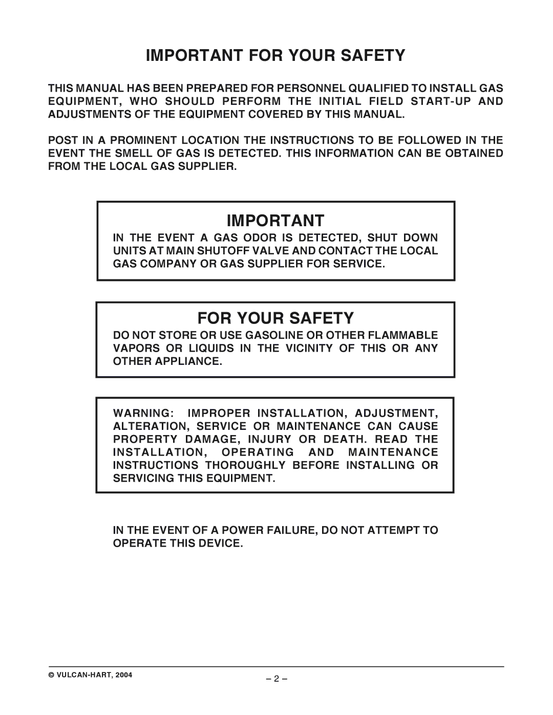 Vulcan-Hart VHL3 & VH3616, VHX24, VHL2 operation manual Important for Your Safety, For Your Safety 