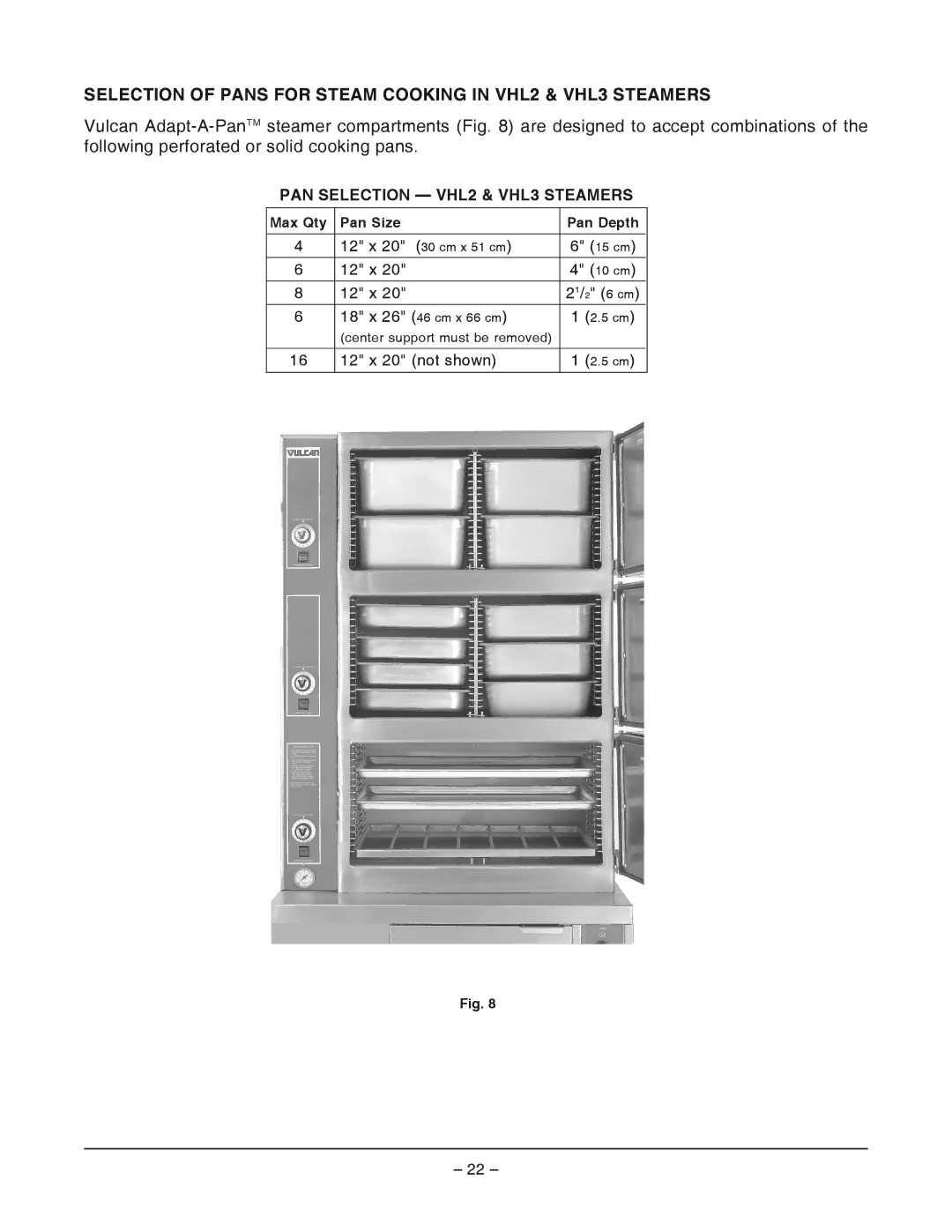 Vulcan-Hart VHX24 Selection of Pans for Steam Cooking in VHL2 & VHL3 Steamers, PAN Selection VHL2 & VHL3 Steamers 